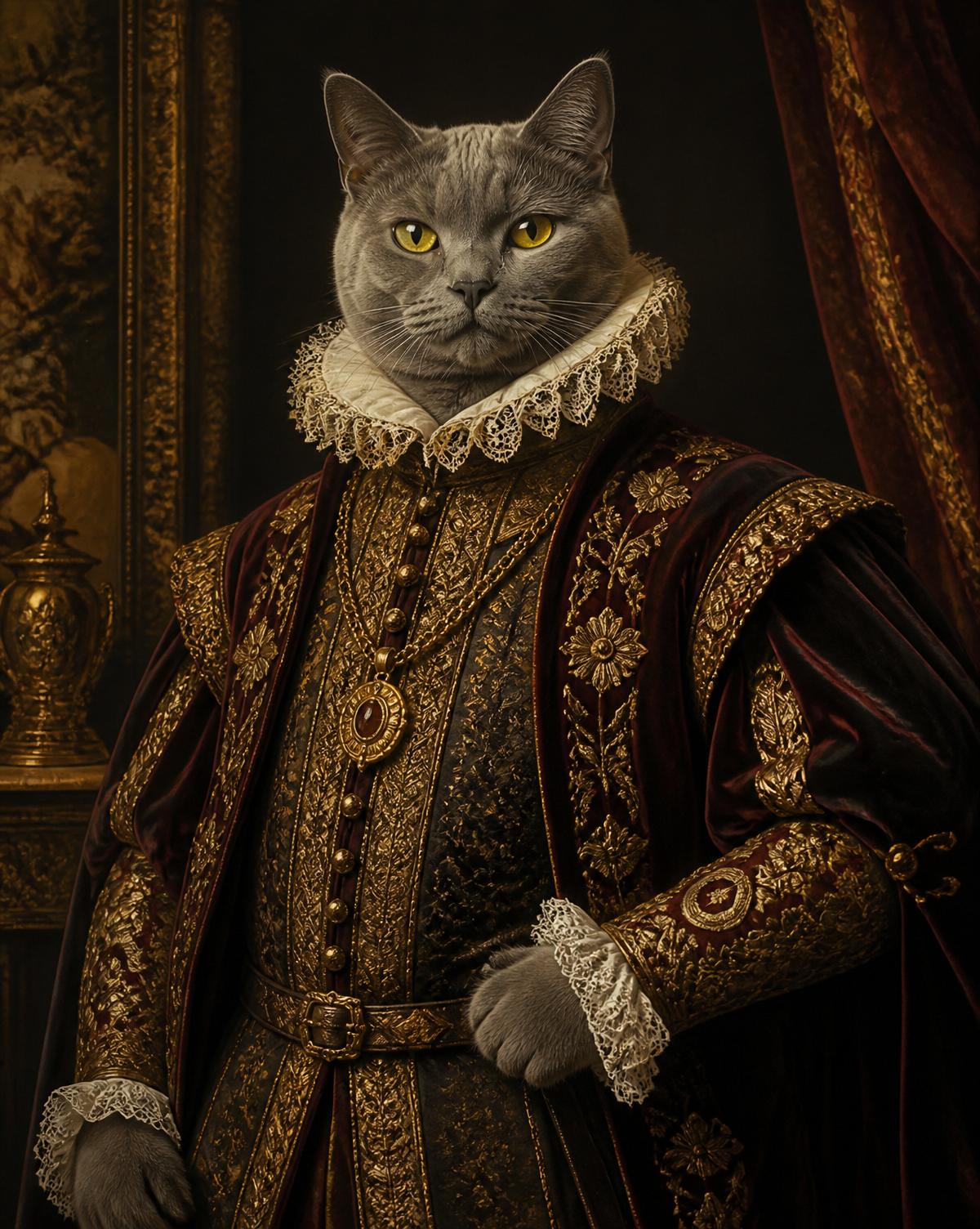 Chat noble en tunique royale et col de dentelle