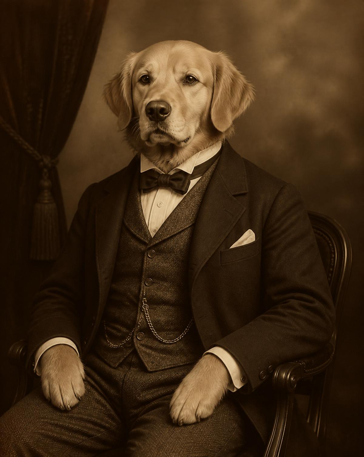 Golden retriever en costume victorien, portrait sépia